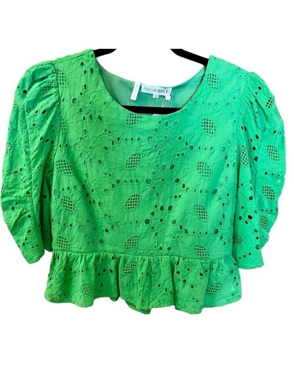 Eyelet Peplum Top Women's Green Cropped Ruffled Size M